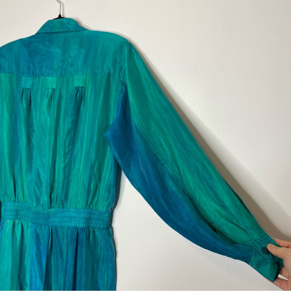 Vintage 90s Silk Watercolor Button Front Jumpsuit Coastal Boho Teal Blue - Picture 8 of 10